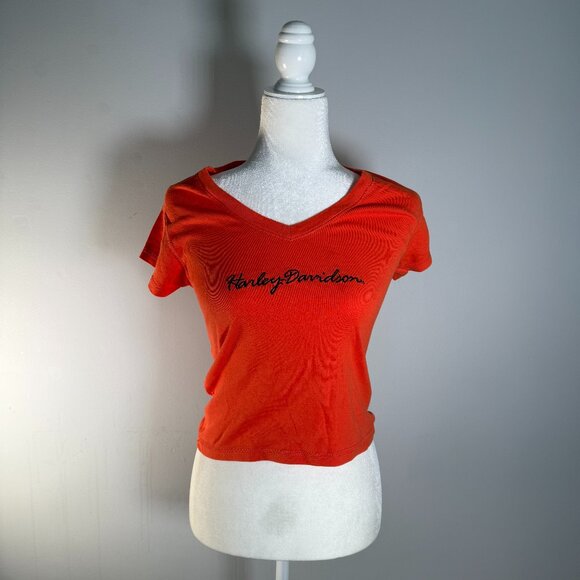 Harley Davidson Womens Size M 100% Cotton Slightly Cropped V Neck Top Logo - Picture 1 of 10